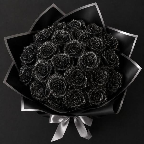 シルバーのラメをまとった黒いグリッターローズの花束