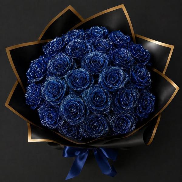 シルバーのラメをまとった濃紺のグリッターローズの花束