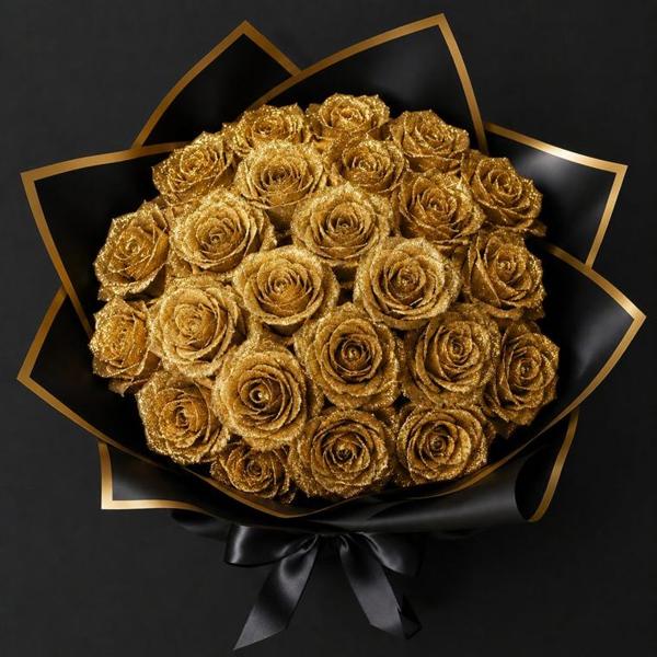 ゴールド一色のグリッターローズの花束