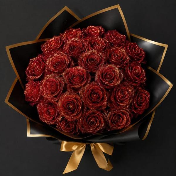 ゴールドのラメをまとった赤いグリッターローズの花束