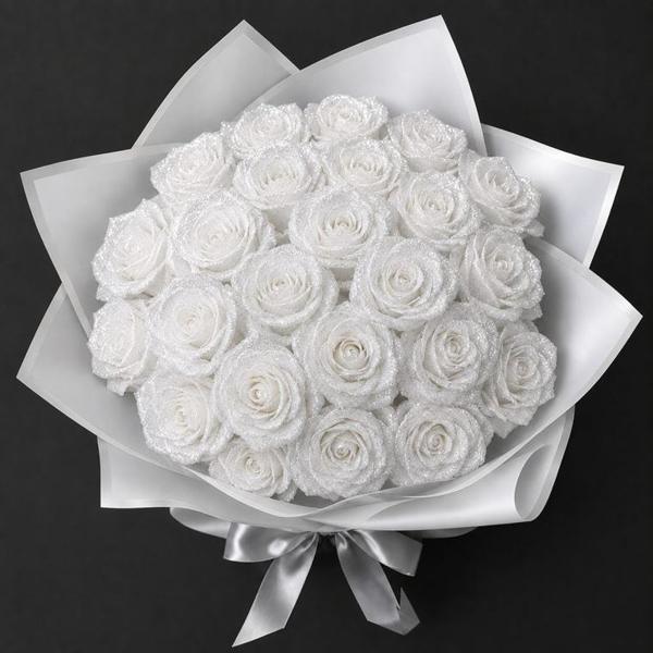 シルバーのラメをまとった白いグリッターローズの花束
