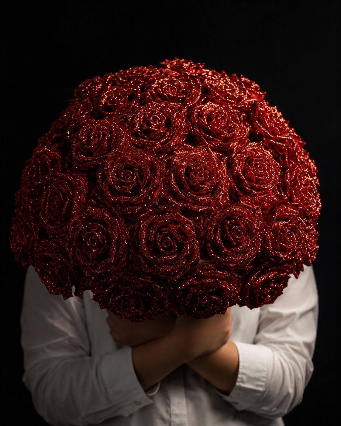 顔が隠れるほど大きなグリッターローズの花束を抱える人物