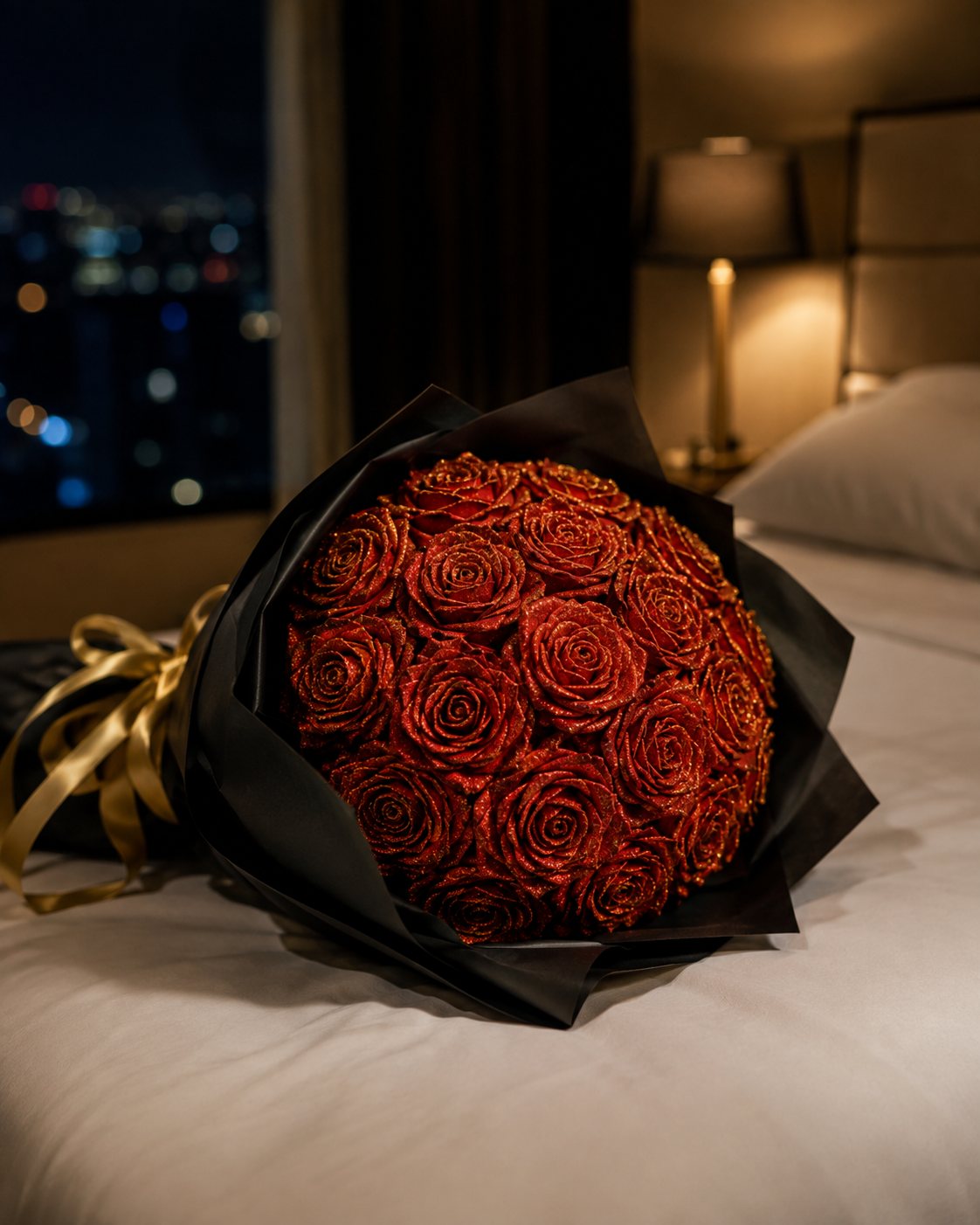 海の見えるリゾートホテルの客室に置かれたグリッターローズの花束